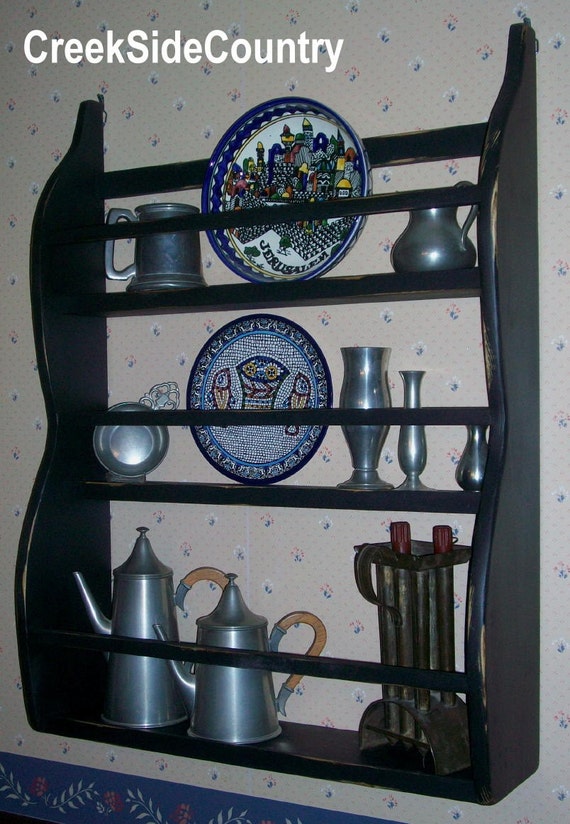 Primitive Wood Bowl Rack Three Shelf Black