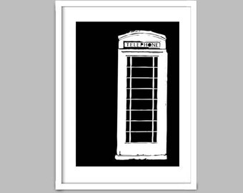 Black and White an English telephone booth - Fine Art Print kiosk, england, silhouette, old telephone booth, wall decor