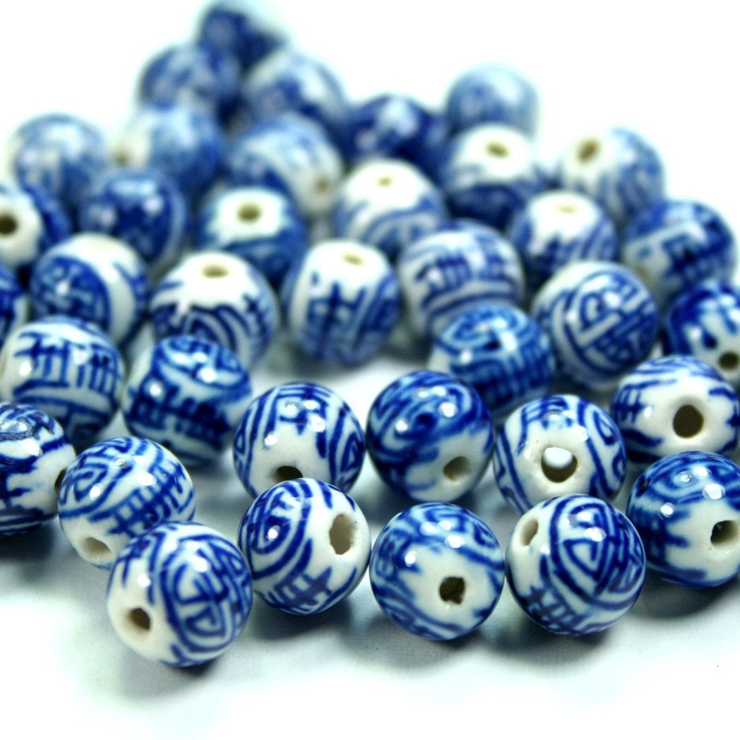 12 Porcelain Beads Blue and White Longevity Chinese Character