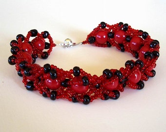 Beaded Bracelet Black and Cardinal Red Scarlet Crimson Glass Beads Flat Spiral Stitch