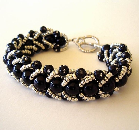 Beaded Bracelet Jewelry Black and Silver Glass and Acrylic