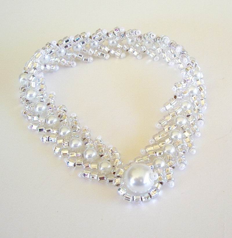 Beaded Bridal Bracelet Jewelry White Glass Pearls Rainbow