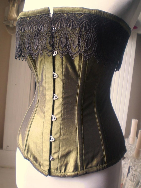 SALE-Olive Green Taffeta Corset With Black Lace Trim-Victorian