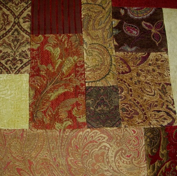 SALE Chenille Velvet Tapestry Patchwork Panel Red and Tan