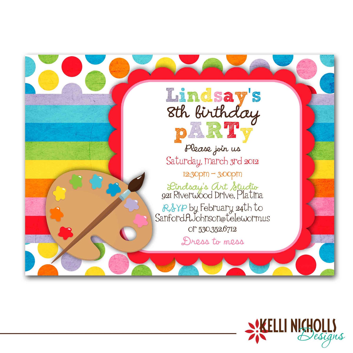 Art Birthday Party Invitation Bright Colors CUSTOM FOR