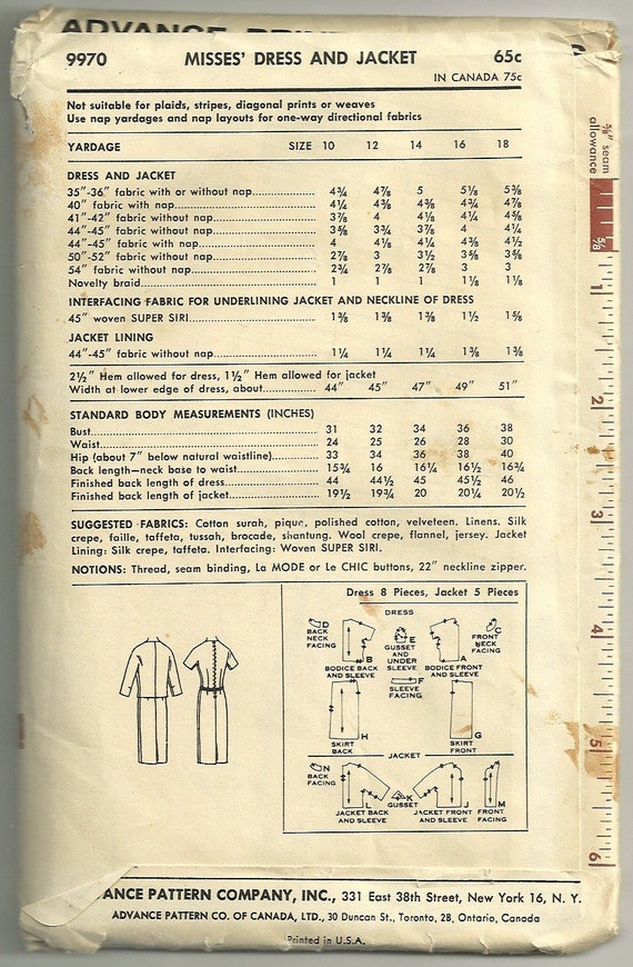 Advance 9970 1960s Slim Dress and Jacket Pattern Size 12 Bust