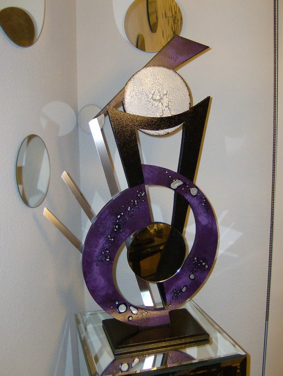 Purple passion Abstract Eggplant Wood Metal & Mirror Modern table Sculpture by Diva Art69 Studios