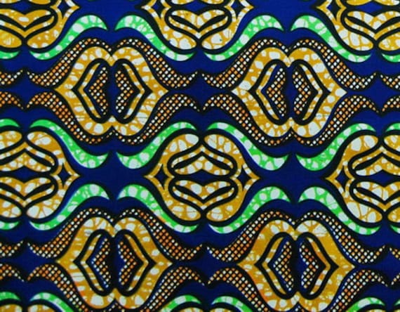 African Fabric 1/2 Yard Cotton BLUE YELLOW GREEN Abstract