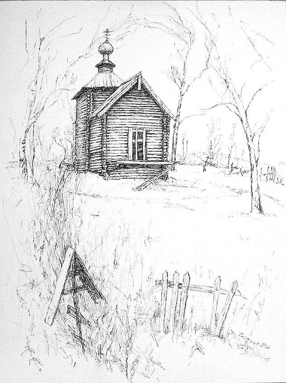 Wooden Russian Church ORIGINAL pen drawing A3 12 x17 by Linandara