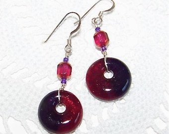 Fused Glass Earrings with glass beads on sterling silver wire, handmade jewelry
