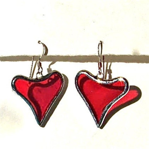 Items similar to Heart Earrings on Sterling Silver Wires, stained glass