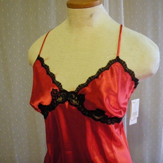 Red Satin Nightgown Black Lace Trim Erika by DeborahsForgetMeNots