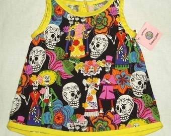 Day of the Dead - Sugar Skull Clothing - Yellow Black - Punk Rock Baby - Baby - Girl - Dress 3M-12M
