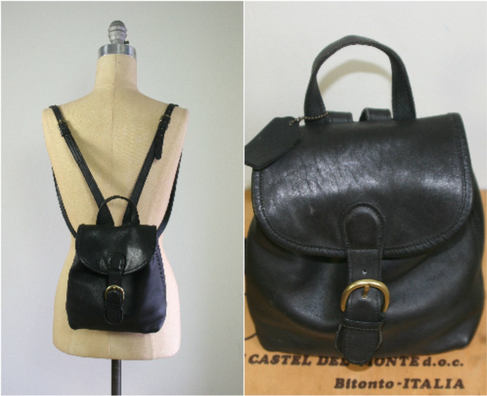Vintage black leather coach mini backpack / 80s knapsack