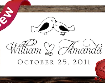 Custom rubber stamp address or save the date - wood handle - love birds - personalized wedding gift - HS 1305