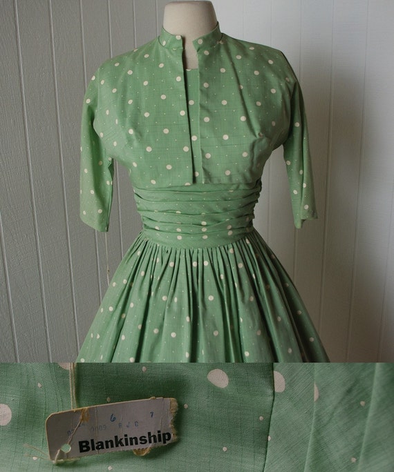 Vintage 1950s Dress Spring Fresh Green Apple With Polka