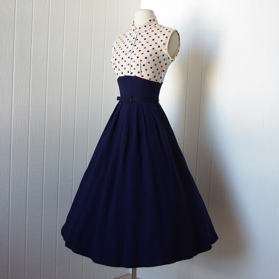 Vintage 1940s Dress Fabulous Wwii Navy Blue Full Skirt