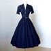 vintage 1940's dress ...vavavoom forties navy cotton full skirt pin-up bombshell dress with plunging neckline