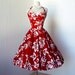 vintage 1950's dress ...iconic SHAHEEN PETAL BUST red & white graphic hawaiian full circle skirt conv halter pin-up dress