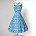 vintage 1950's dress ...gorgeous CAROLYN SCHNURER blue cotton embroidered floral convertible halter full skirt pin-up party dress