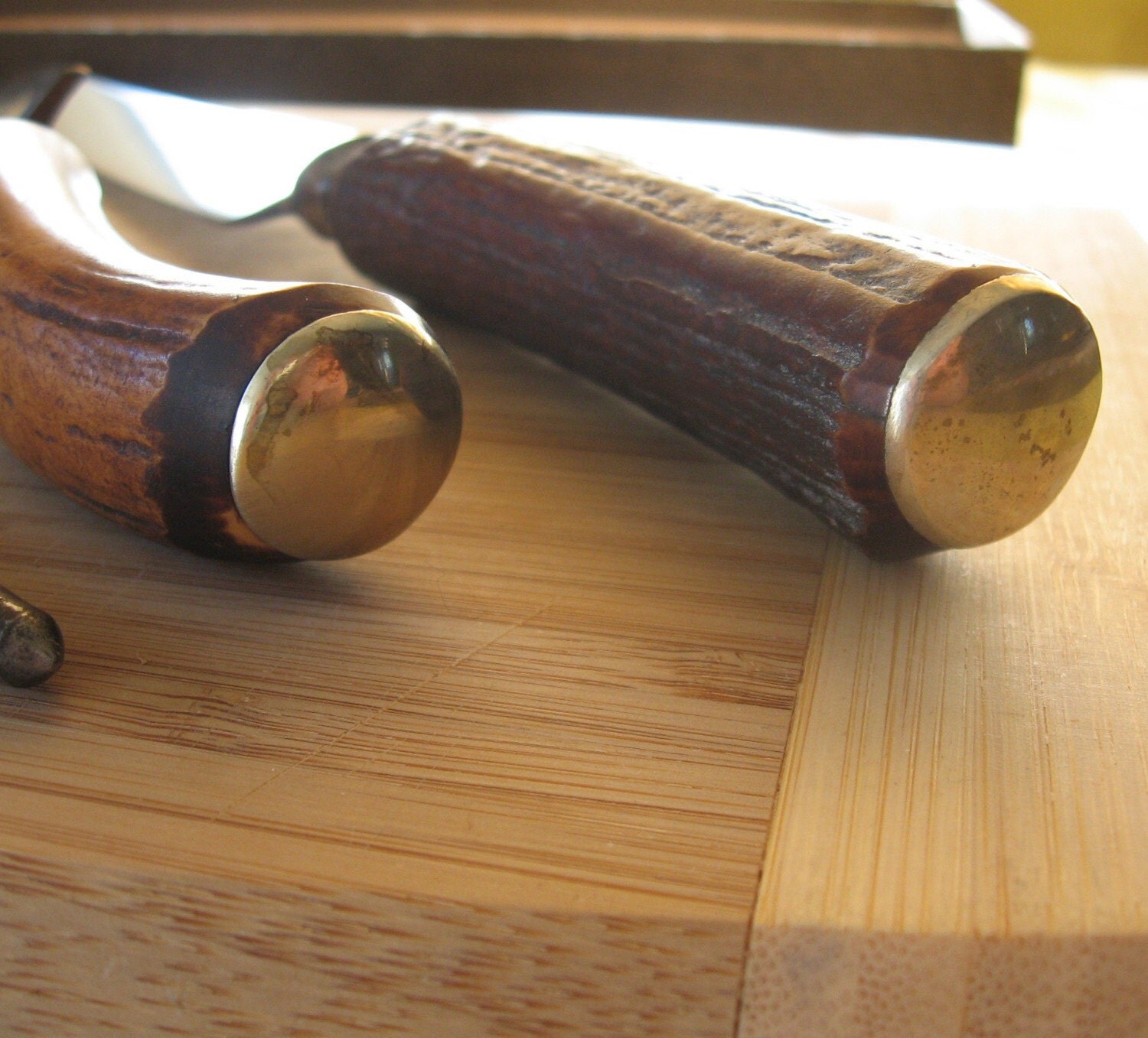 Antique Elk Horn Handle Carving Set With Box and Steel
