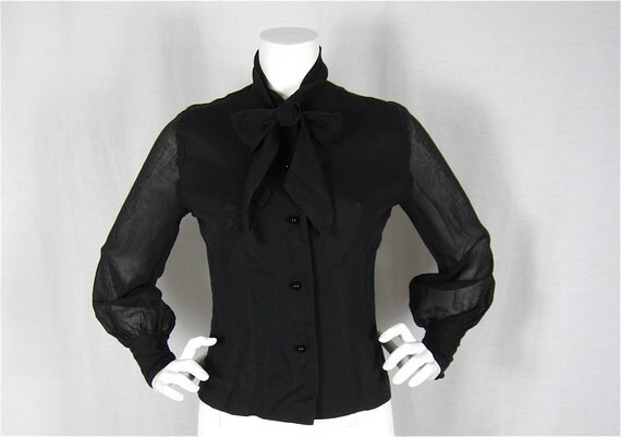 Vintage 50s 60s Black Sheer-Sleeved Cotton Blouse Sz S