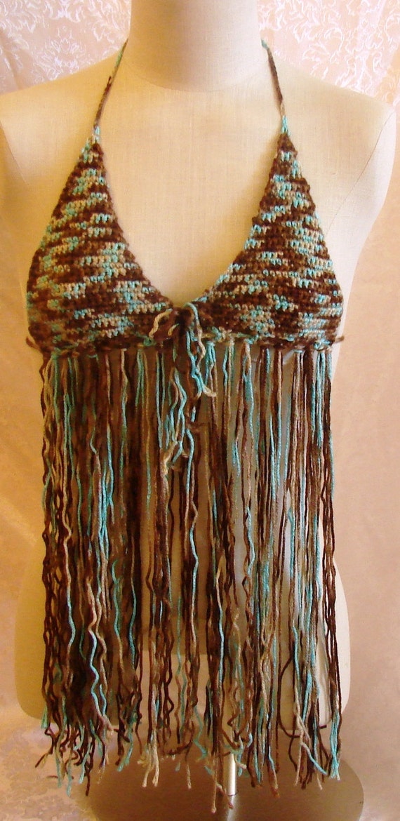 Items similar to Turquoise And Brown Fringe Halter Top size small on Etsy