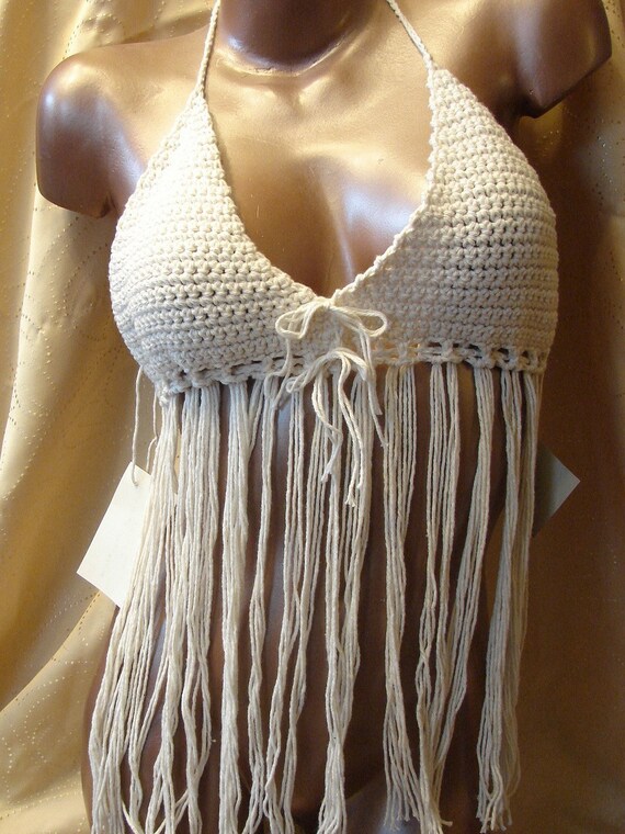 25 what 24 is x size Halter Vintage Look Crochet look Natural Top Hippie Fringe 70s