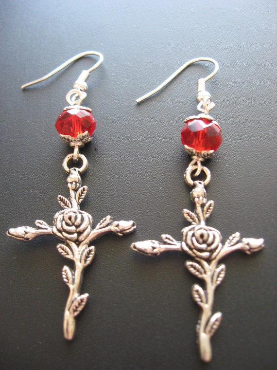 Items similar to Cross Jewelry Earrings Cross Earrings With Rose Red