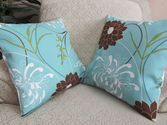 Decorative Throw Pillow Cover Spa Blue Brown Set of Two 18 x