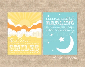 Golden Slumbers, Quote by The Beatles // Set of 2 Nursery / Kids Art Prints Custom match colors to a room or bedding // N-G04-2PS AA1