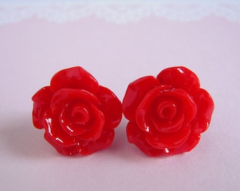 Red Rose Studs Earrings, Medium Rose, Red Flower Earrings, Gift For Her