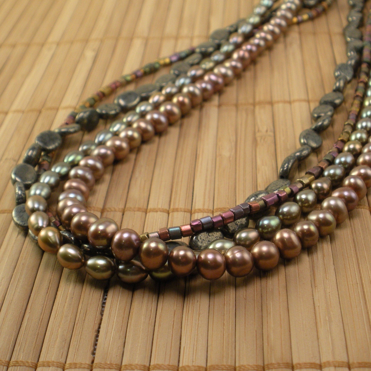 Chocolate Pearls and Pyrite Multi Strand Necklace Brown