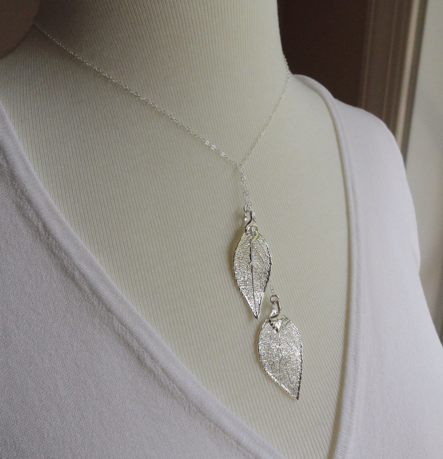 Leaf necklace Two natural Laurel Leaves sterling silver