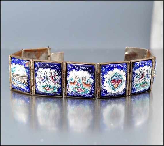 Vintage Persian Enamel Story Bracelet 1940s Ethnic Jewelry