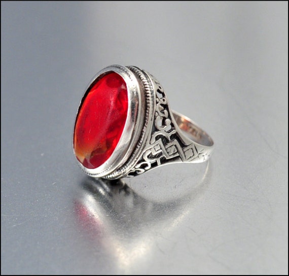 Vintage Art Deco Ring Sterling Silver Ruby Red Glass by boylerpf