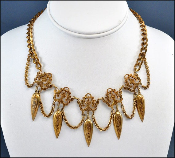 Art Deco Necklace Gold Swag Chain Filigree Pendant Etruscan