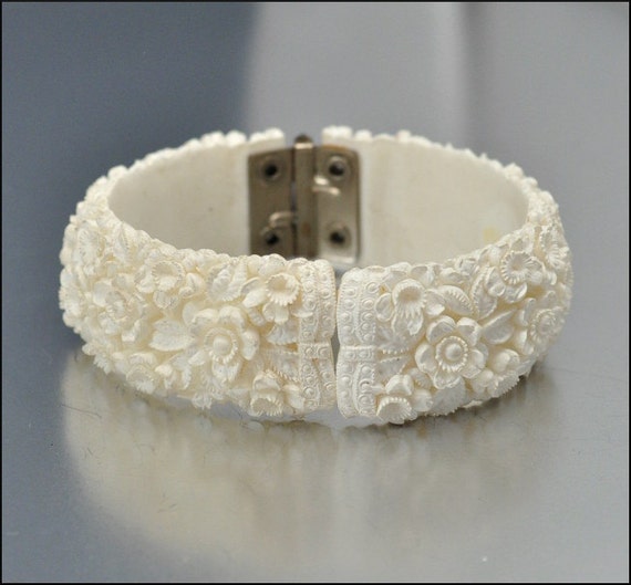 Vintage Bracelet Celluloid Bangle Ivory Carved Floral Wide