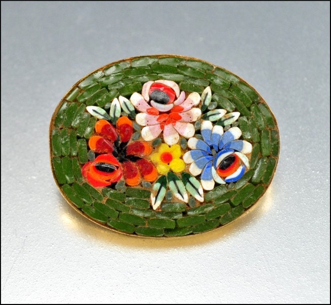 Vintage Micro Mosaic Brass Italy Brooch Flowers 1920s Jewelry