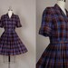 vintage 1950s dress 50s dress full skirt plaid cotton blue day