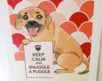 Keep Calm Puggle with Ruby/Pink Scaled Background - 7x9 Eco-friendly Print