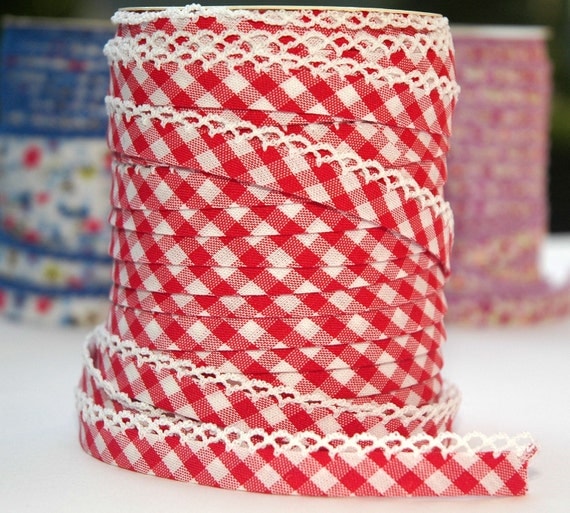 Bias Tape Double Fold Red Gingham Cotton and Lace Crochet