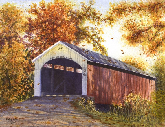 Covered Bridge art watercolor painting print by Cathy