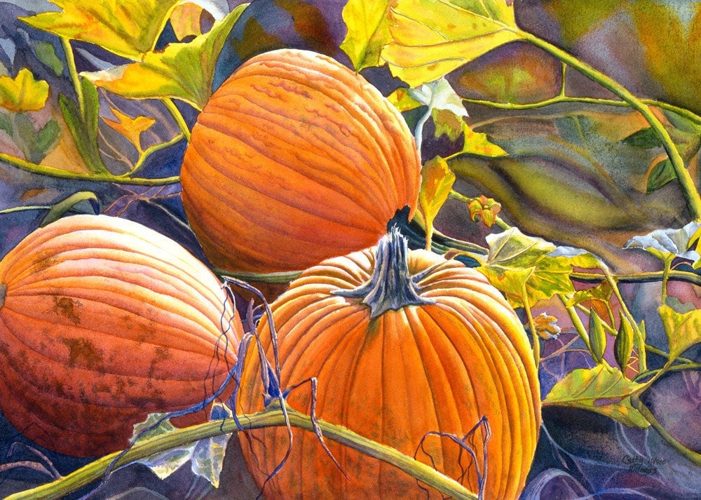 Pumpkins Art Watercolor print of an original painting by Cathy