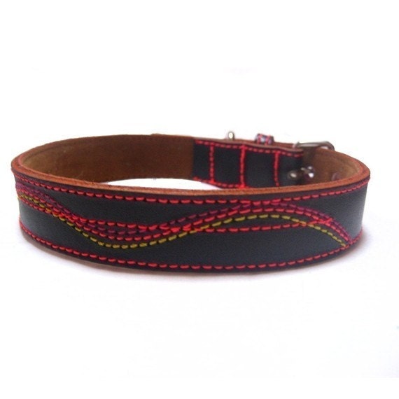 XXL Cool Leather Dog Collar - Black with Neon color stitchings