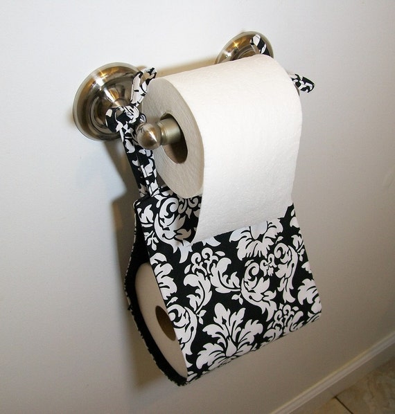 Toilet Paper Holder Reversible Black Damask Fabric