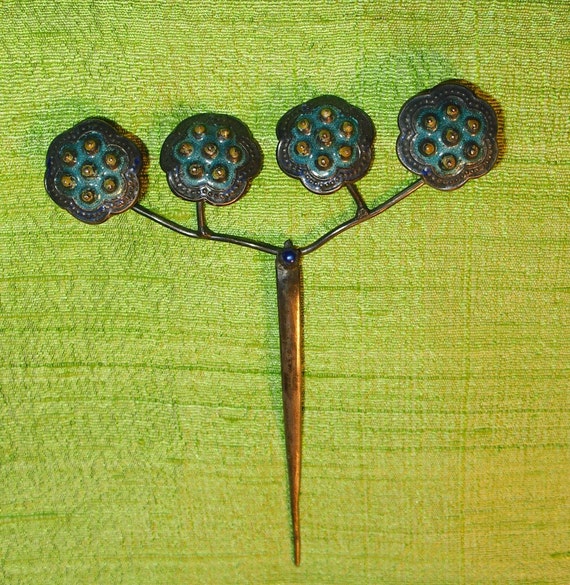 ANTIQUE CHINESE HAIR PIN STERLING SILVER WITH ENAMEL LOTUSES