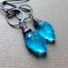 SALE Blue Quartz Leaf Earrings Wire Wrapped Sterling Silver Metal Dangle Electric Blue