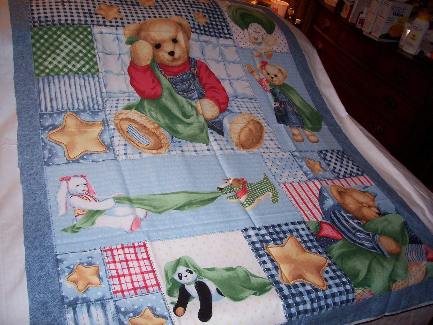 baby-blue-jean-teddy-baby-quilt-fabric-panel-new