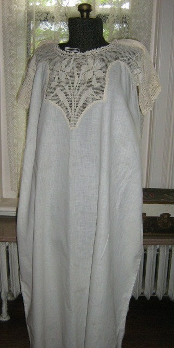 Vintage Ivory Cotton Muslin Nightgown Handmade Crocheted Lace